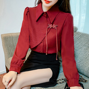 Ново китайско дамско облекло, риза в китайски стил, есен и зима, удебелена червена риза 2024 г., нов дизайн, красива горна част с копчета