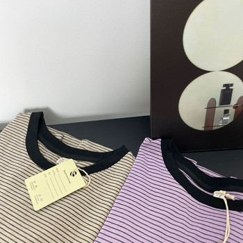 Пурпурно черно лятно тениска с къс ръкав за бременни с О-образно деколте за кърмачки Тениска на райе за кърмачки Тениски за жени след раждане Тънки