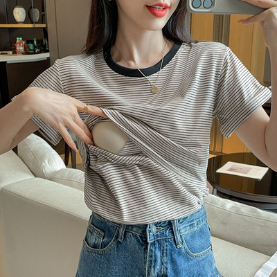 Violet Negru Vară Mânecă Scurtă Maternitate Decolteu O Top Alăptare Alăptare Tricou cu dungi Femeie Postpartum Tricou Lactație Subțire