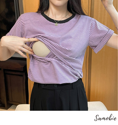 Violet Negru Vară Mânecă Scurtă Maternitate Decolteu O Top Alăptare Alăptare Tricou cu dungi Femeie Postpartum Tricou Lactație Subțire