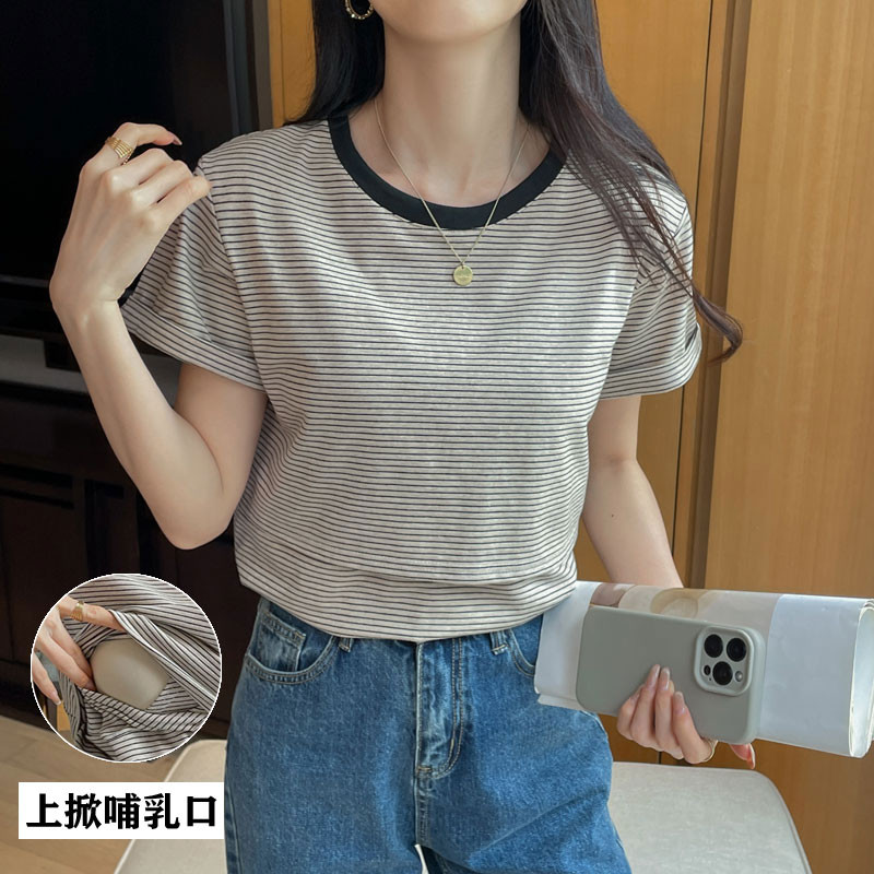 Violet Negru Vară Mânecă Scurtă Maternitate Decolteu O Top Alăptare Alăptare Tricou cu dungi Femeie Postpartum Tricou Lactație Subțire