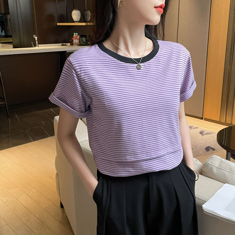 Violet Negru Vară Mânecă Scurtă Maternitate Decolteu O Top Alăptare Alăptare Tricou cu dungi Femeie Postpartum Tricou Lactație Subțire