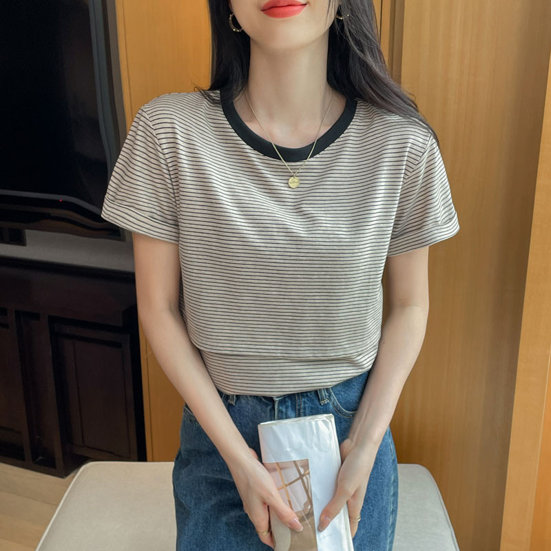 Violet Negru Vară Mânecă Scurtă Maternitate Decolteu O Top Alăptare Alăptare Tricou cu dungi Femeie Postpartum Tricou Lactație Subțire