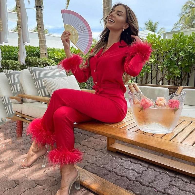 2Gb Sieviešu pidžamu komplekts Pavasara vasaras gadījuma topi ar atlokiem + spalvu bikses, kostīmi seksīga apakšveļa Naktsveļa zīda satīna pidžamas mājas apģērbs