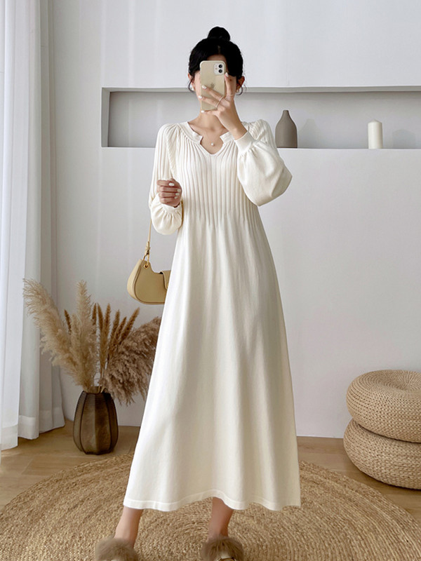 Jednobojna ležerna pletena haljina Jesen Zima Ženska džemper haljina velikih veličina s v-izrezom do sredine potkoljenice s dugim rukavima do dna