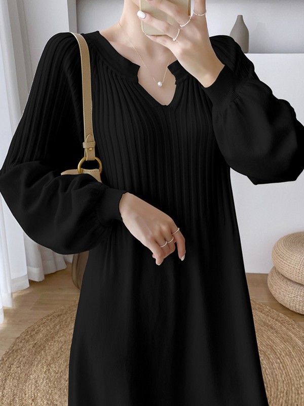 Jednobojna ležerna pletena haljina Jesen Zima Ženska džemper haljina velikih veličina s v-izrezom do sredine potkoljenice s dugim rukavima do dna