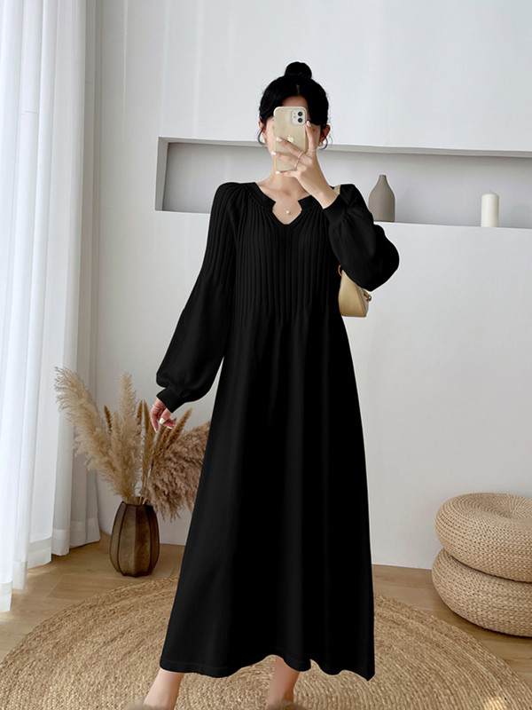 Jednobojna ležerna pletena haljina Jesen Zima Ženska džemper haljina velikih veličina s v-izrezom do sredine potkoljenice s dugim rukavima do dna