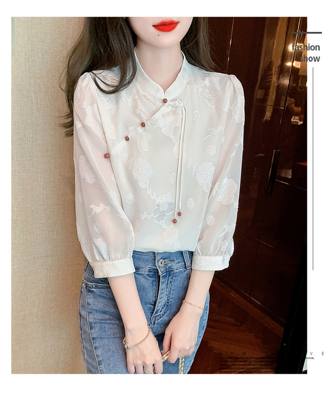 2024 sieviešu apģērbi ziedi balti topi tang kostīms ķīniešu stila krekli tradicionāls qipao cheongsam blūze sievietei