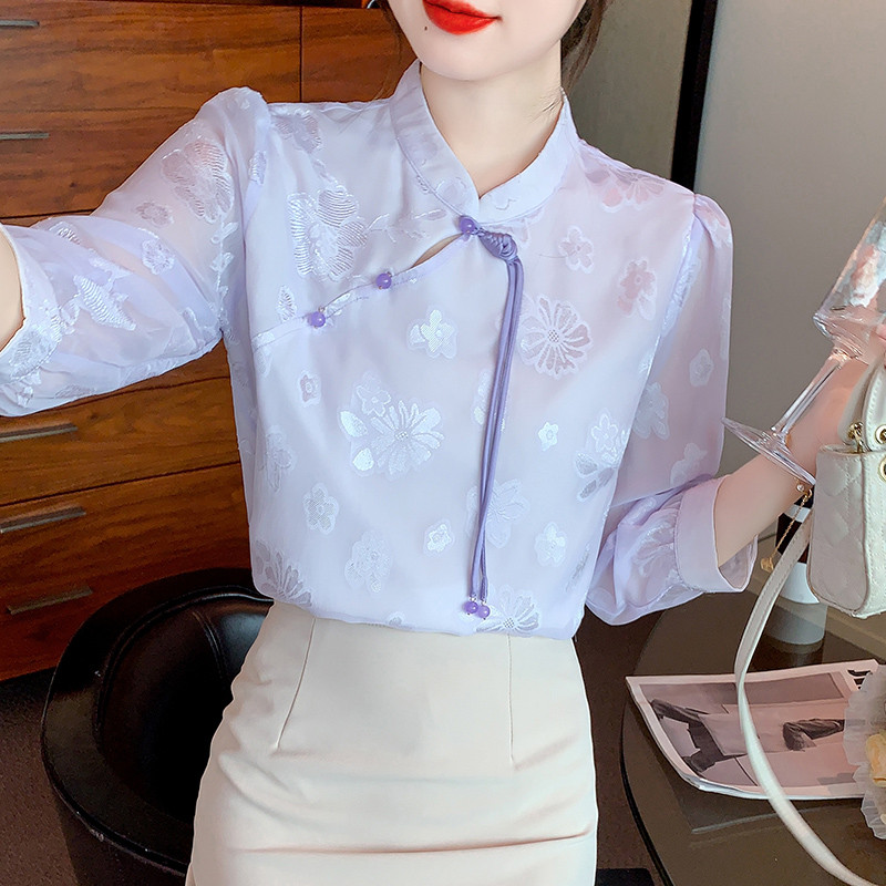 2024 sieviešu apģērbi ziedi balti topi tang kostīms ķīniešu stila krekli tradicionāls qipao cheongsam blūze sievietei