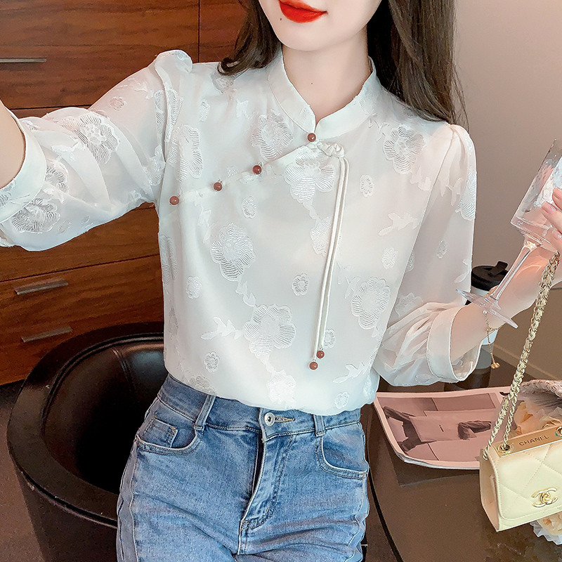 2024 sieviešu apģērbi ziedi balti topi tang kostīms ķīniešu stila krekli tradicionāls qipao cheongsam blūze sievietei