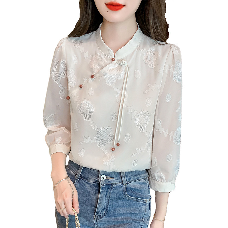 2024 sieviešu apģērbi ziedi balti topi tang kostīms ķīniešu stila krekli tradicionāls qipao cheongsam blūze sievietei