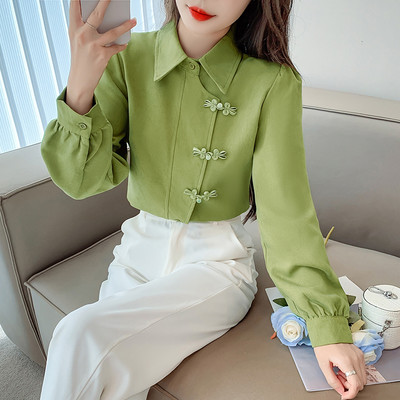 CJFHJE jauns ķīniešu stila pogas matēts sieviešu krekls, pavasara modes retro daudzpusīgs sieviešu polo apkakles krekls ar garām piedurknēm