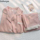 Seturi de pijamale roz femei din dantelă dulce școlărițe îmbrăcăminte de noapte în stil coreean toamnă simplu confortabil acasă îmbrăcăminte de noapte pentru tineret