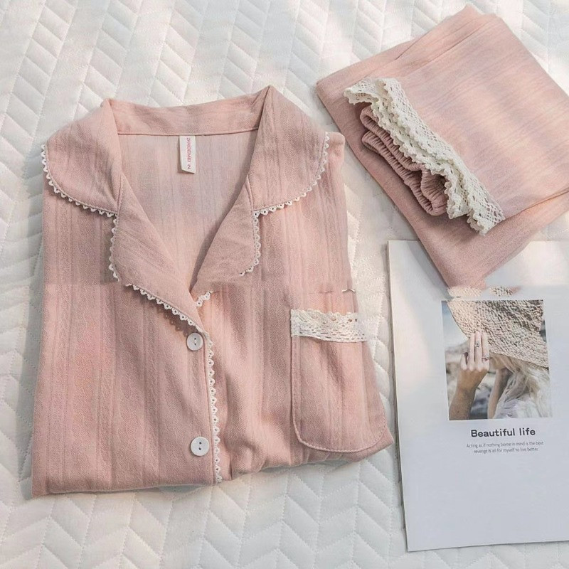 Seturi de pijamale roz femei din dantelă dulce școlărițe îmbrăcăminte de noapte în stil coreean toamnă simplu confortabil acasă îmbrăcăminte de noapte pentru tineret