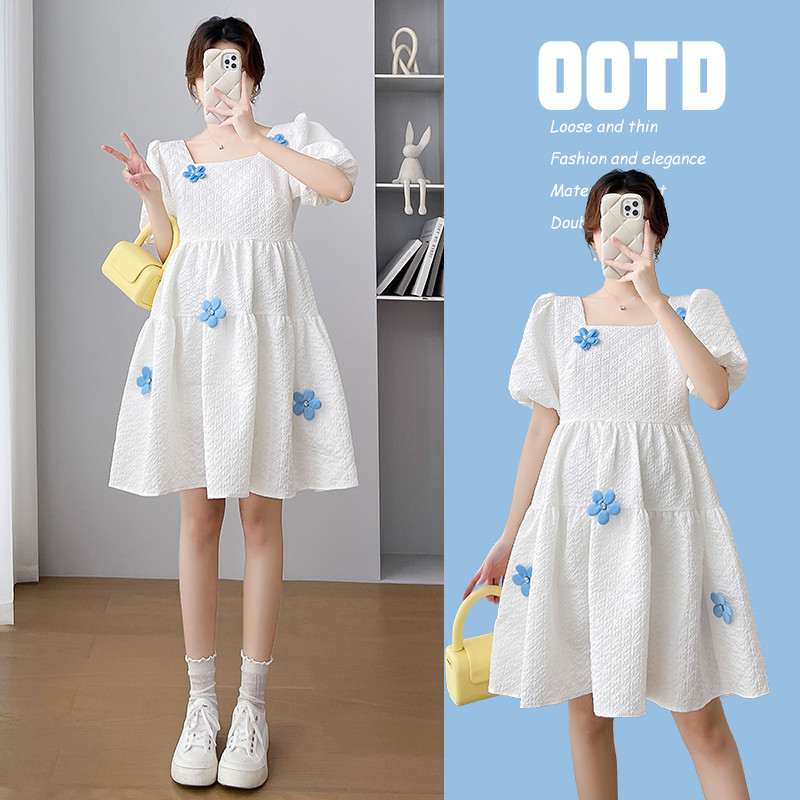 Koreai stílusú kismama báli ruha édes, puff ujjú, négyzet alakú gallérral terhes női A-vonalú ruha terhes parti ruha aranyos