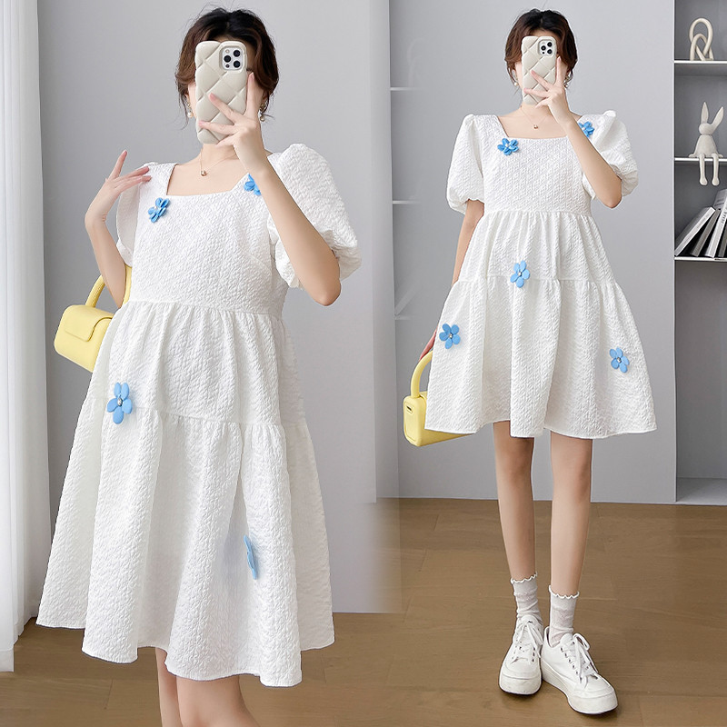 Koreai stílusú kismama báli ruha édes, puff ujjú, négyzet alakú gallérral terhes női A-vonalú ruha terhes parti ruha aranyos