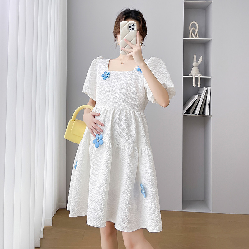 Koreai stílusú kismama báli ruha édes, puff ujjú, négyzet alakú gallérral terhes női A-vonalú ruha terhes parti ruha aranyos