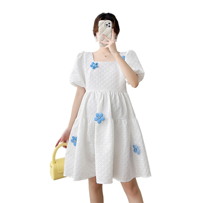 Koreai stílusú kismama báli ruha édes, puff ujjú, négyzet alakú gallérral terhes női A-vonalú ruha terhes parti ruha aranyos