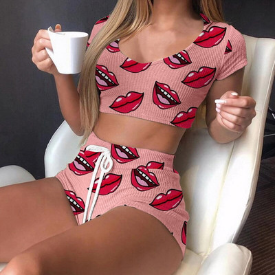 Vară Scurtă Sexy Ocazional Buze Print Femeie Lenjerie de dormit Costum Pijamale 2 buc Top + Pantaloni Skinng Femei Homewear Lenjerie de corp
