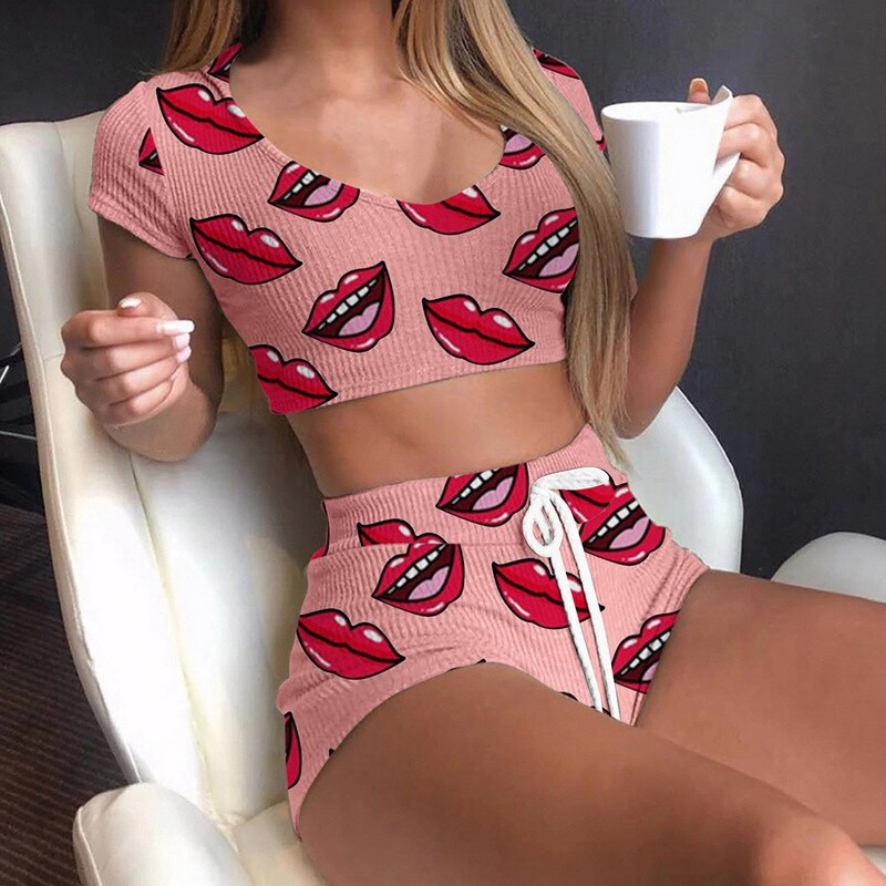 Vară Scurtă Sexy Ocazional Buze Print Femeie Lenjerie de dormit Costum Pijamale 2 buc Top + Pantaloni Skinng Femei Homewear Lenjerie de corp