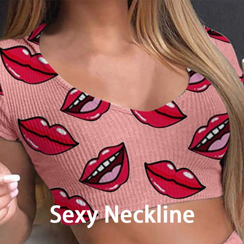 Vară Scurtă Sexy Ocazional Buze Print Femeie Lenjerie de dormit Costum Pijamale 2 buc Top + Pantaloni Skinng Femei Homewear Lenjerie de corp