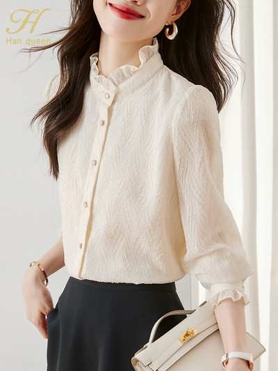 H Han Queen 2024 Summer Autumn Basic vienrindas Office Blusas Vintage Tops Eleganti šifona blūzes Sieviešu brīvs ikdienas krekls