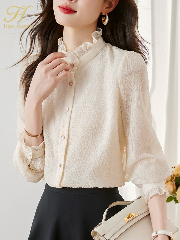 H Han Queen 2024 Summer Autumn Basic vienrindas Office Blusas Vintage Tops Eleganti šifona blūzes Sieviešu brīvs ikdienas krekls