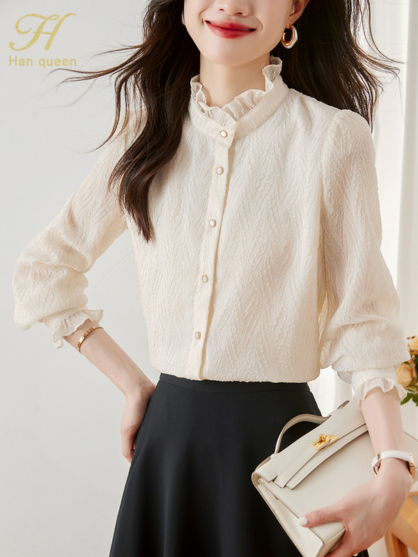 H Han Queen 2024 Summer Autumn Basic vienrindas Office Blusas Vintage Tops Eleganti šifona blūzes Sieviešu brīvs ikdienas krekls