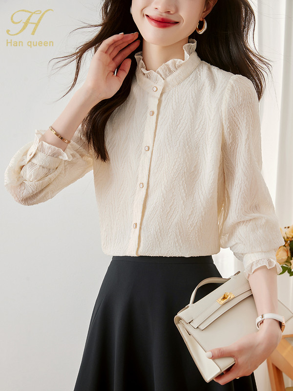 H Han Queen 2024 Summer Autumn Basic vienrindas Office Blusas Vintage Tops Eleganti šifona blūzes Sieviešu brīvs ikdienas krekls