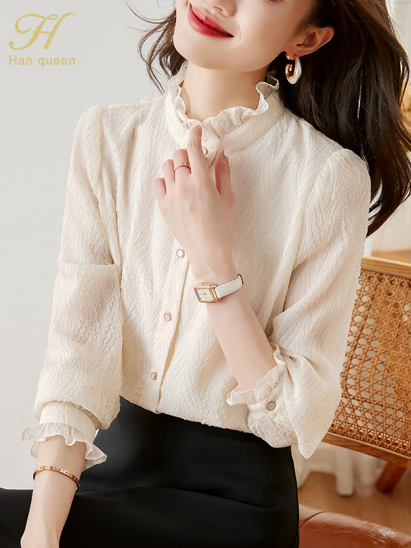 H Han Queen 2024 Summer Autumn Basic vienrindas Office Blusas Vintage Tops Eleganti šifona blūzes Sieviešu brīvs ikdienas krekls