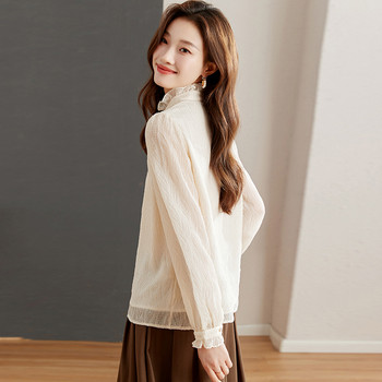 Κομψά βολάν γιακά γυναικεία μπλούζα Απλή κορεάτικη μόδα μακρυμάνικο γραφείο Lady OL πουκάμισα Άνοιξη φθινόπωρο Γυναικεία μπλούζα και μπλούζες