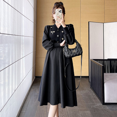 Rudens ziemas modes kleita grūtniecēm ar garām piedurknēm ar V veida izgriezumu ar vintage izšuvumu grūtniecēm.