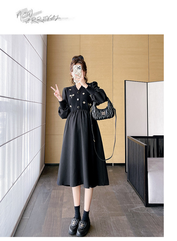 Rudens ziemas modes kleita grūtniecēm ar garām piedurknēm ar V veida izgriezumu ar vintage izšuvumu grūtniecēm.