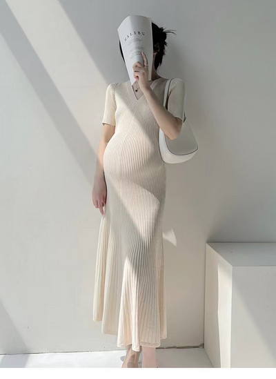 Korea stiilis rasedate kootud kleit ühevärviline lühikeste varrukatega V-kaelusega kõrge vöökohaga raseda naise venitatud kleidid raseduskleit