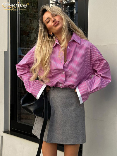 Clacive Vintage široke bluze s printom na pruge za žene Moda 2023 Ležerne košulje dugih rukava na rever Elegantna klasična ženska majica