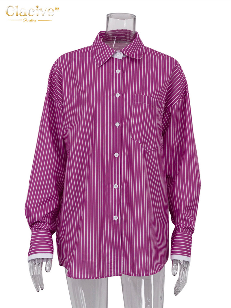 Clacive Vintage široke bluze s printom na pruge za žene Moda 2023 Ležerne košulje dugih rukava na rever Elegantna klasična ženska majica