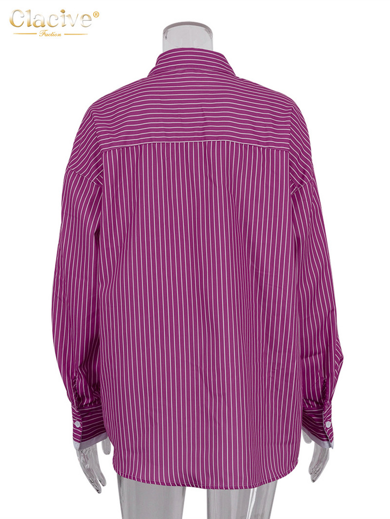 Clacive Vintage široke bluze s printom na pruge za žene Moda 2023 Ležerne košulje dugih rukava na rever Elegantna klasična ženska majica