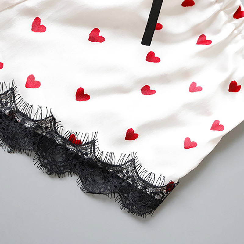 Sieviešu 2 gab Vasaras jauns modes pidžamas ar V veida kakla izgriezumu, elastīga satīna mežģīnes Sexy Cute Girl Love Suspenseri Šorti Pidžamas Ērts komplekts