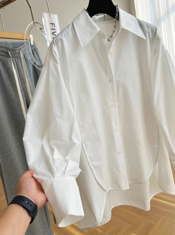 Basic Commuter Fashion Loose μπλούζα Μόδα oversized μακρυμάνικο σχέδιο Sense κοντό γυναικείο πουκάμισο