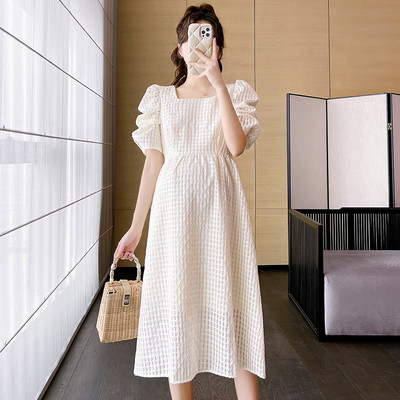 Grūtniecēm vasaras kleita franču stila kvadrātveida apkakle ar pūšām piedurknēm grūtniecēm Dobija rūtainā kleita grūtniecēm princeses A līnijas kleita