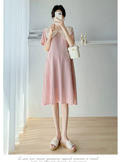 Rochie de vară pentru femei însărcinate în stil coreean cu guler Peter Pan, dulce și la modă, lejeră, cu mâneci scurte, rochie roz de maternitate
