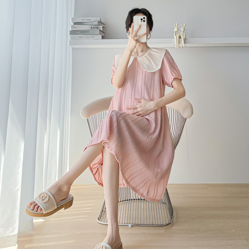 Rochie de vară pentru femei însărcinate în stil coreean cu guler Peter Pan, dulce și la modă, lejeră, cu mâneci scurte, rochie roz de maternitate