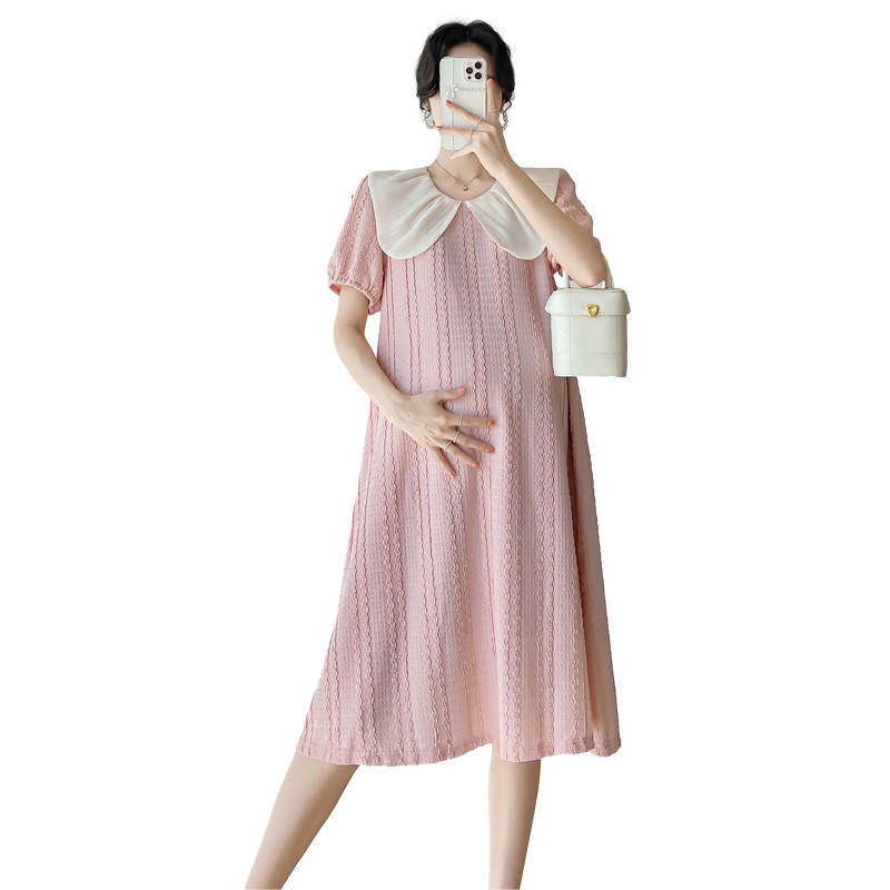 Rochie de vară pentru femei însărcinate în stil coreean cu guler Peter Pan, dulce și la modă, lejeră, cu mâneci scurte, rochie roz de maternitate