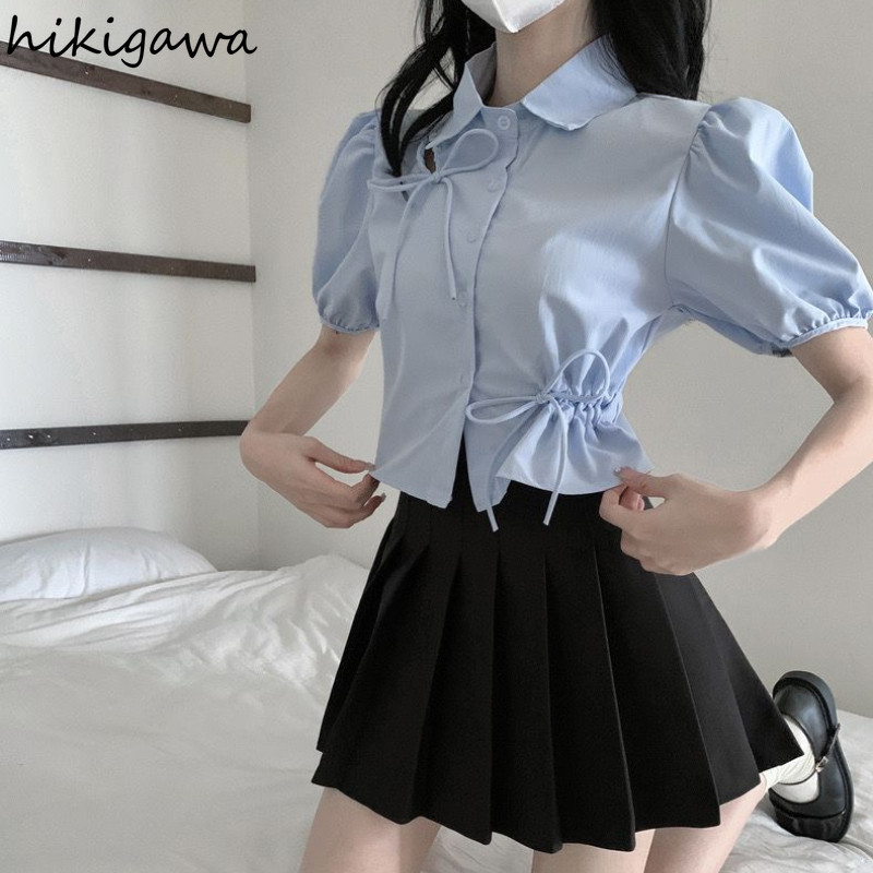 2023 Blusas De Mujer Puff piedurknēm Tunika Blow Blow Sieviešu Apģērbs Crop Tops Izliekti salokāmi Vasaras krekli Eleganta vintage blūze