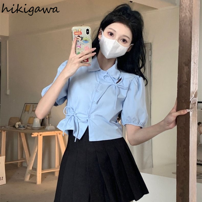 2023 Blusas De Mujer Puff piedurknēm Tunika Blow Blow Sieviešu Apģērbs Crop Tops Izliekti salokāmi Vasaras krekli Eleganta vintage blūze