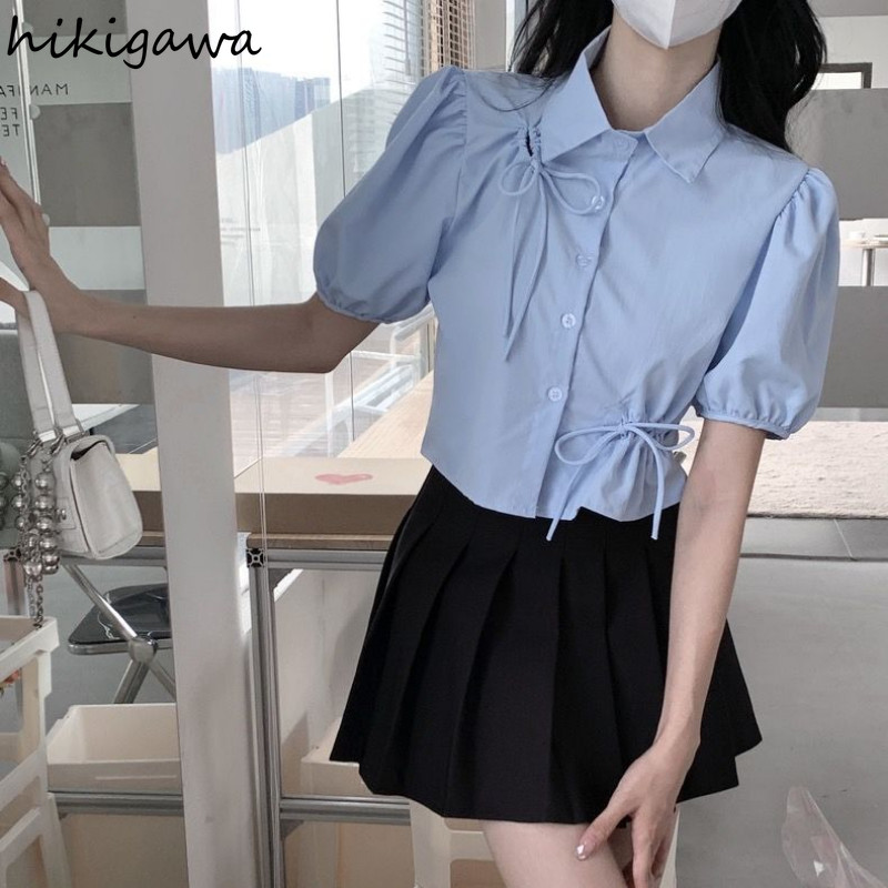 2023 Blusas De Mujer Puff piedurknēm Tunika Blow Blow Sieviešu Apģērbs Crop Tops Izliekti salokāmi Vasaras krekli Eleganta vintage blūze