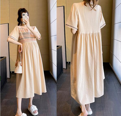 2024. aasta suvi suures suuruses rasedate naiste riided tikandiga krae, pikk, avar rasedate plisseeritud kleit Raseduse šifoonist kleidid