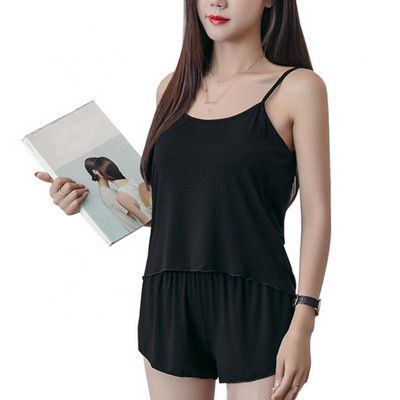 Sieviešu vienkrāsainas spageti siksniņas Camisole elastīgi šorti Kokvilnas naktsveļa komplekts mājām