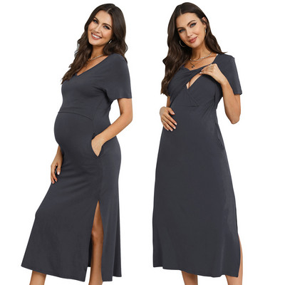 Rochie de maternitate modal cu decolteu în V cu mâneci scurte Rochie de maternitate de alăptare de culoare uni Haine de maternitate