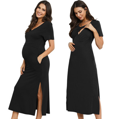 Rochie de maternitate modal cu decolteu în V cu mâneci scurte Rochie de maternitate de alăptare de culoare uni Haine de maternitate